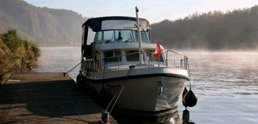 Linssen Yacht 'Orca' - Blick von vorne im dunstigen Morgenlicht an der Mosel
