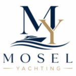 Neues Logo von Mosel Yachitng in Blau und Goldfarben: Großes M und Y, darunter eine Yacht auf einer Welle und der Name Mosel Yachting drunter